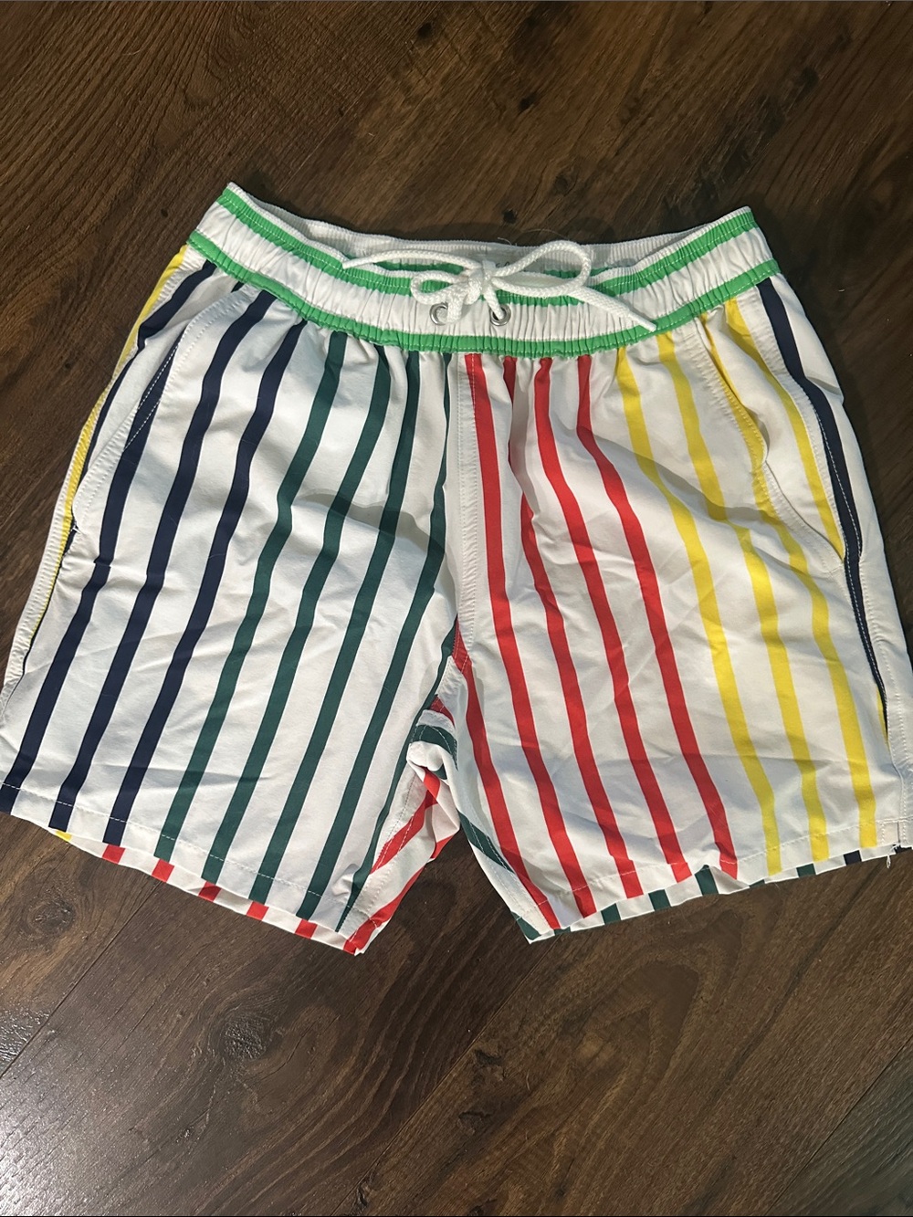 J Crew red yellow blue green stripe swim trunks XS